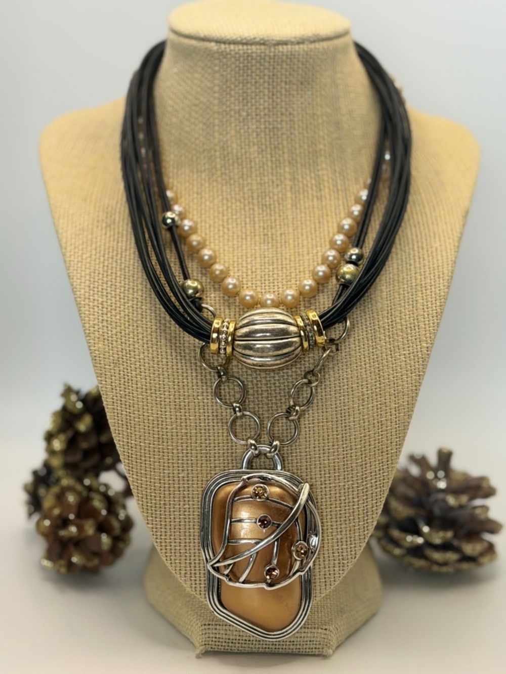 Multi-Strand Black Cord Necklace with Gold Pearl Pendant Bundle of 3 Pearls